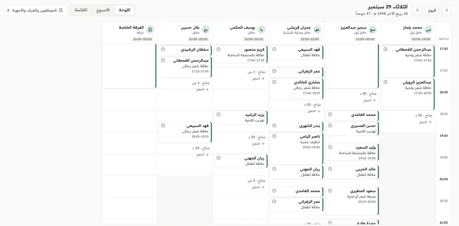 لوحة المواعيد ليوم واحد: عمود لكل حلاق من خمسة حلاقين وللغرفة الخاصة، وفي كل موعد خدمة العميل ووقتها، والأوقات المتاحة بينها.