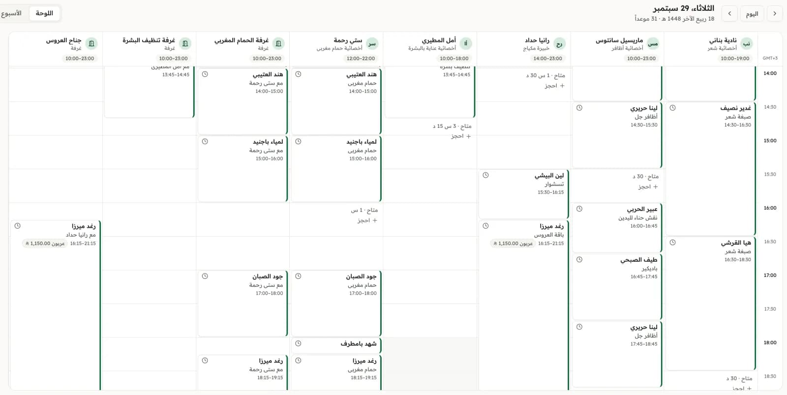 يوم على اللوحة بعمود لكل أخصائية ولثلاث غرف، وفي كل موعد العميلة وخدمتها.