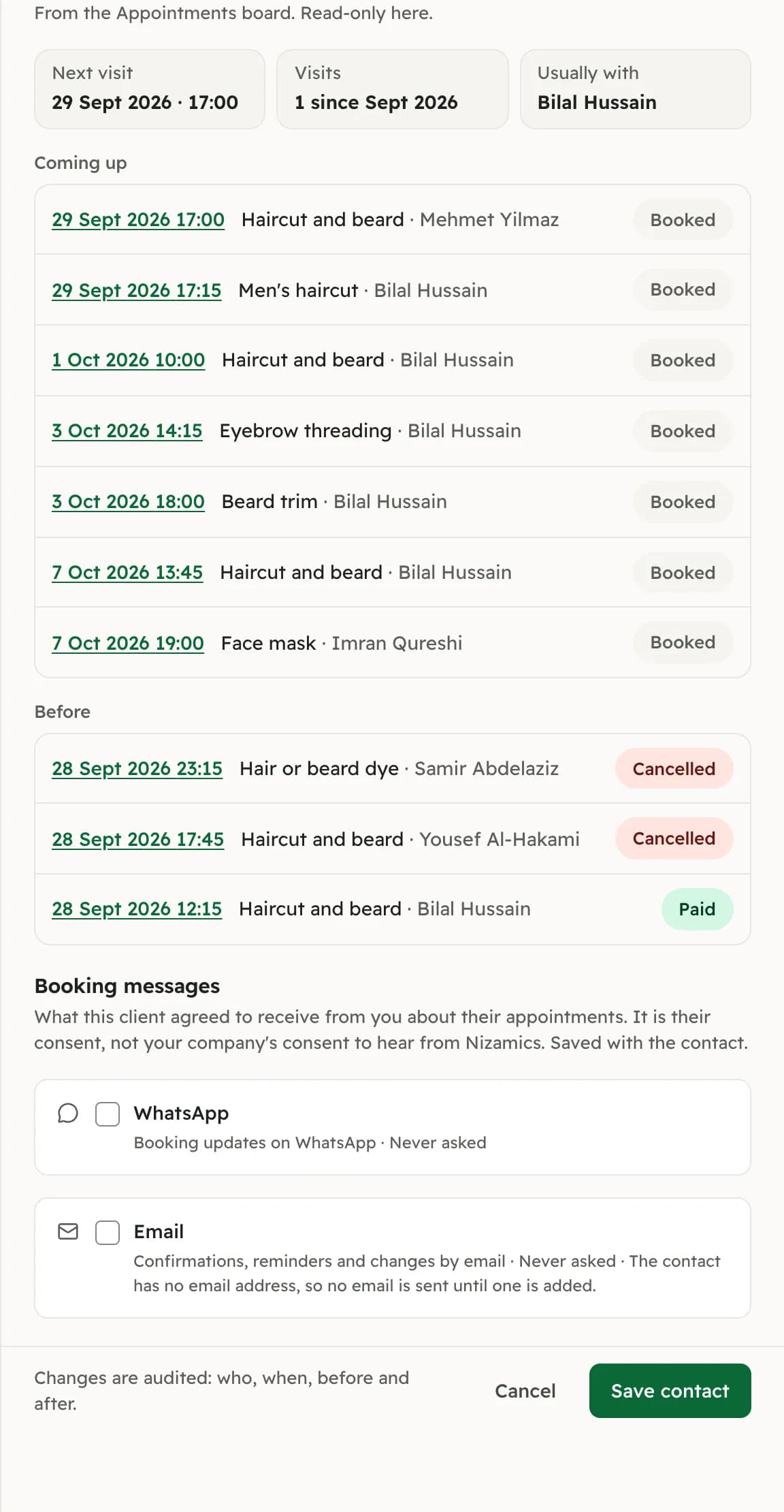 A contact’s booking messages: whether the client agreed to booking updates by WhatsApp and by email.