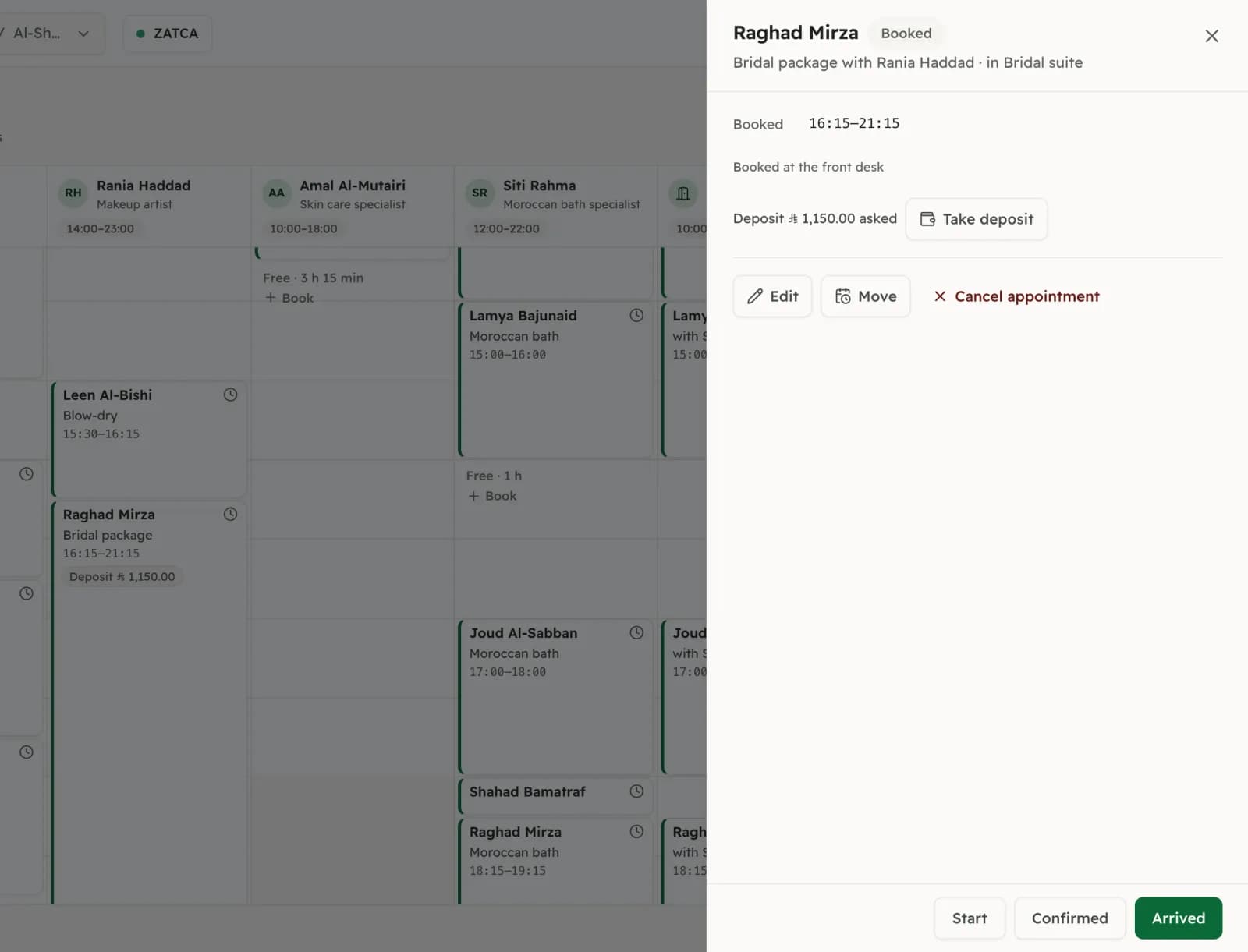 A bridal package booking with the deposit it asks for and the Take deposit button.