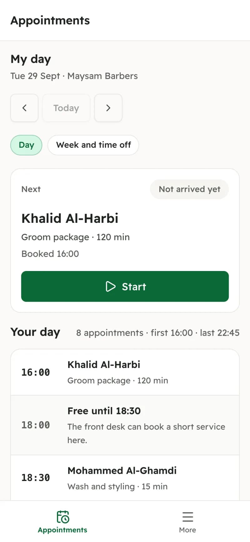 A barber’s own day on a phone: the next client, the service and a Start button.