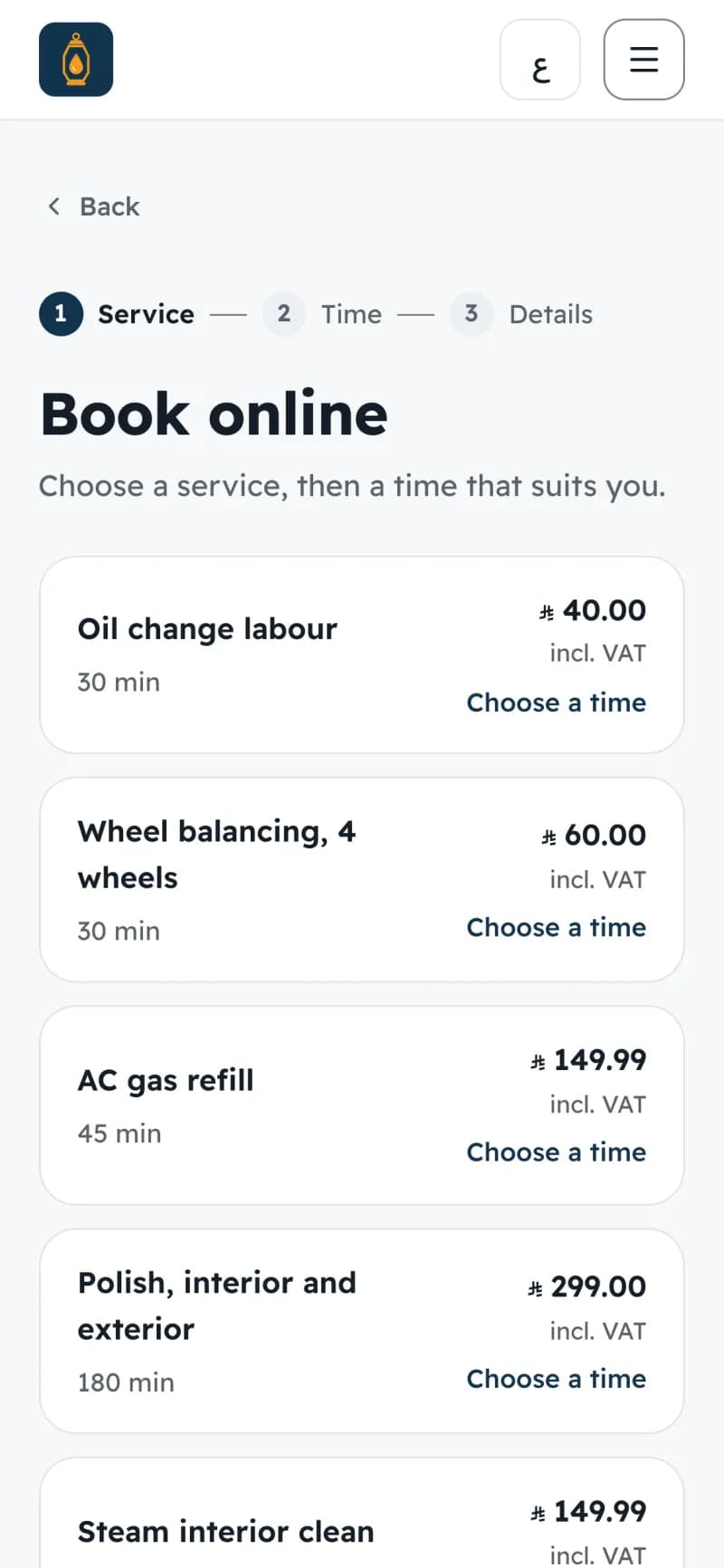 A car-care business’s booking page on a phone: its services with prices and a button to choose a time.