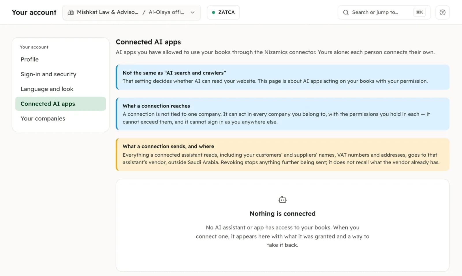 Your account, Connected AI apps: what a connection reaches and sends, and no app connected yet
