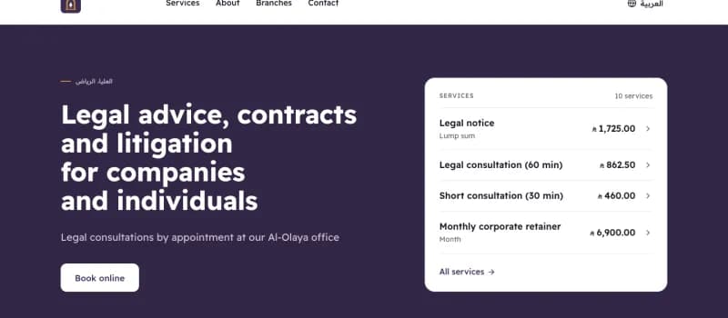 Home page of the Mishkat Law & Advisory example website