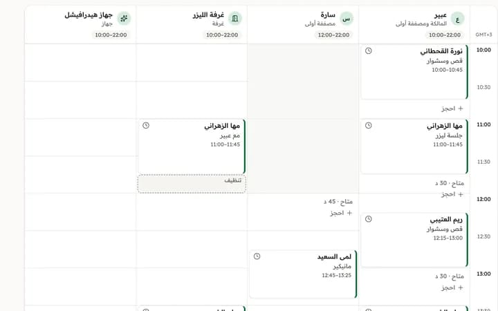 لوحة المواعيد وفيها حجوزات اليوم.