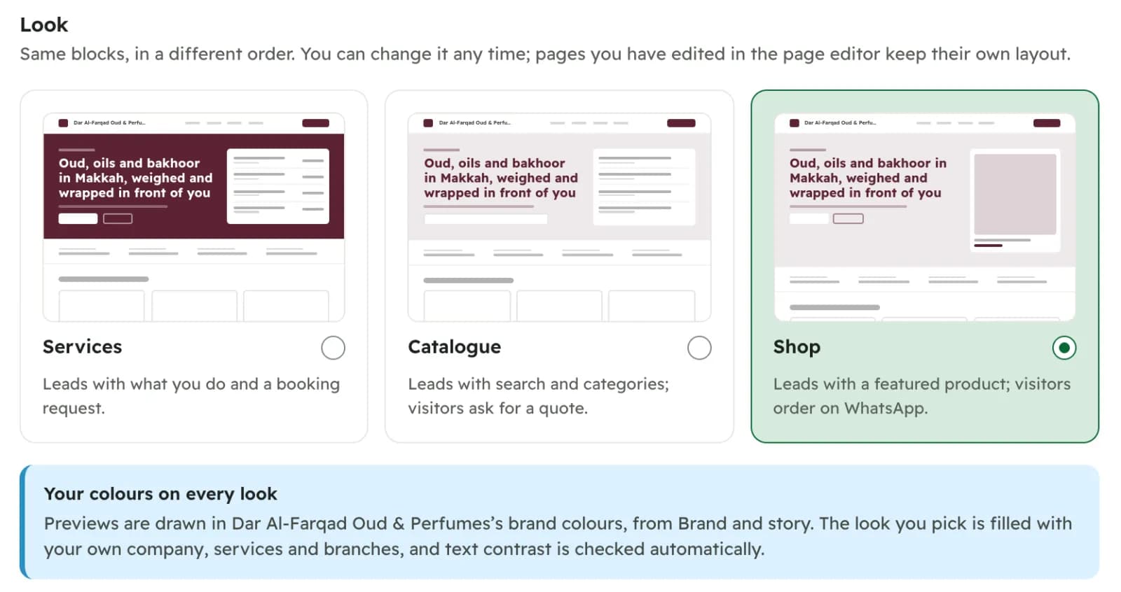 The website settings with three look previews, Services, Catalogue and Shop, in an oud shop’s colours