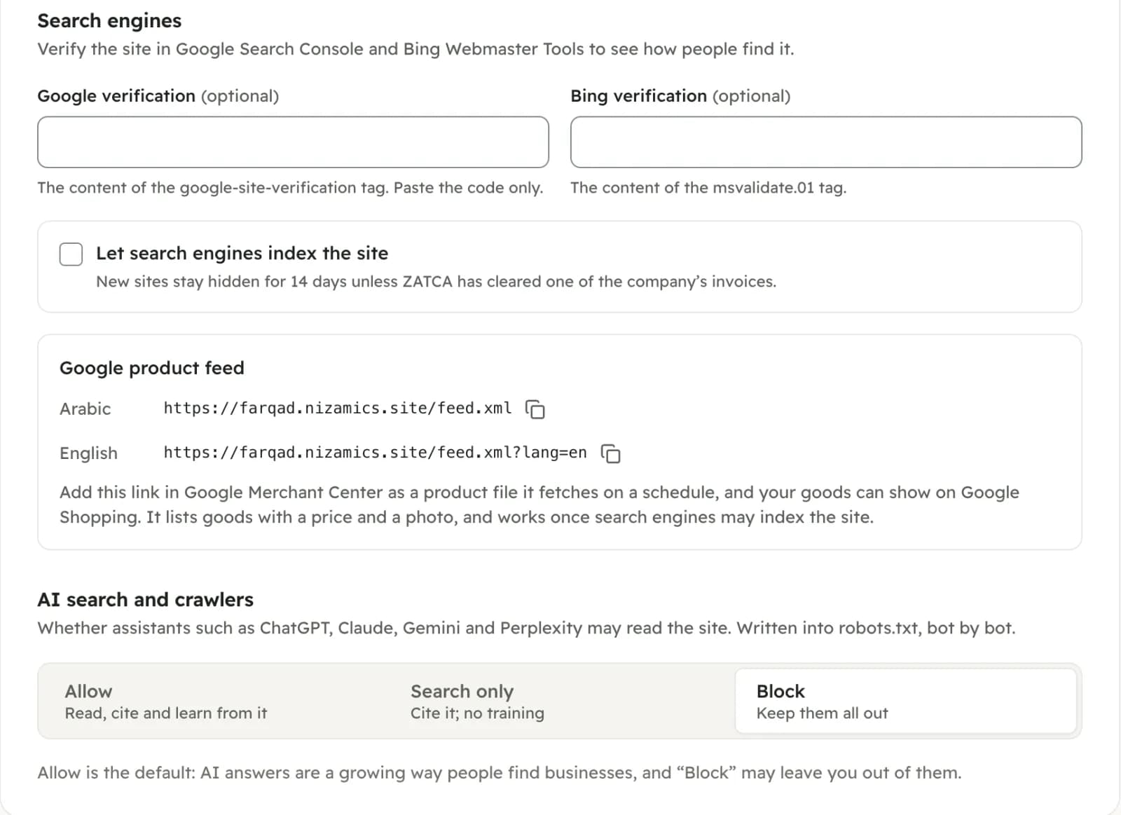 Tracking and search settings: search-engine verification, the Google product feed and the AI crawlers choice
