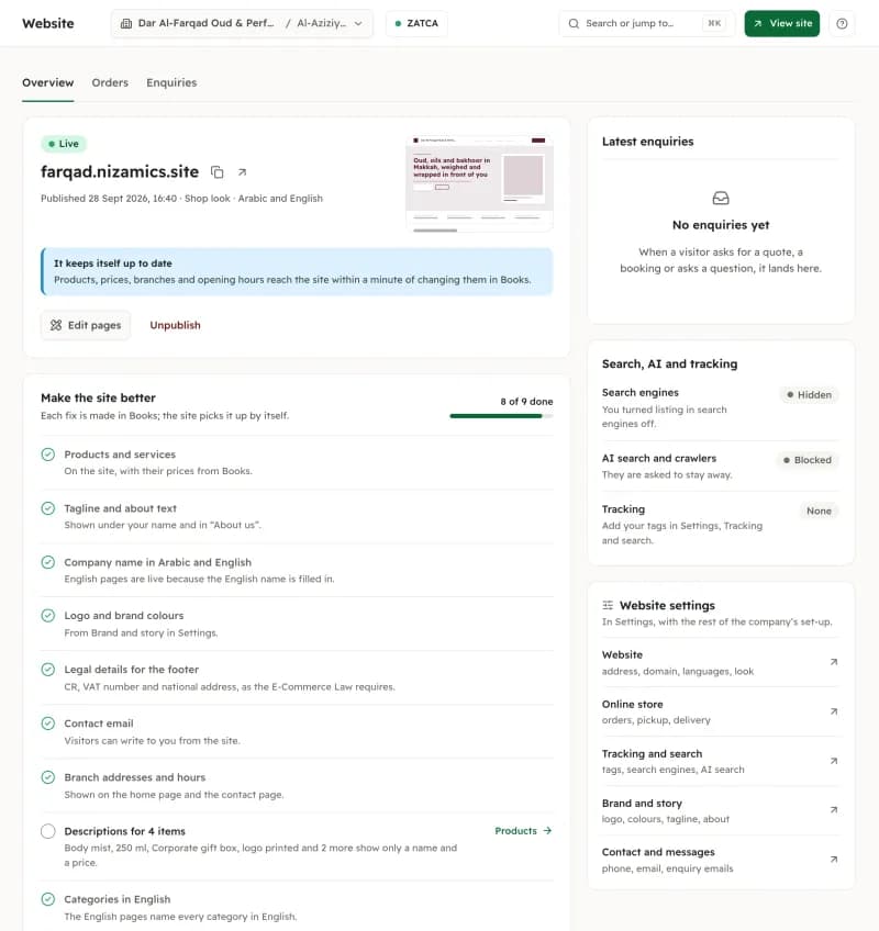 The website overview: the site marked live, a note that it keeps itself up to date, and a checklist of improvements