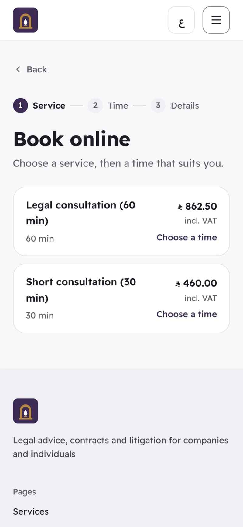 A law firm’s booking page on a phone, offering consultations of set lengths.